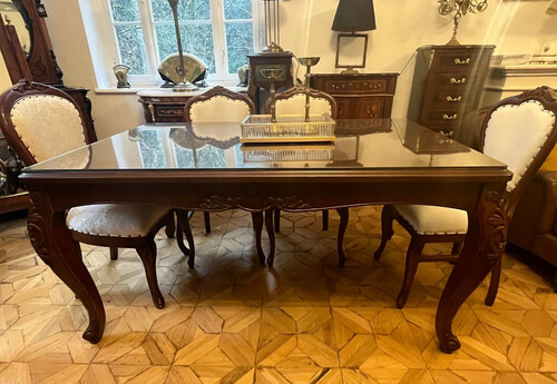 Casa Padrino Luxus Barock Esstisch mit Glasplatte Dunkelbraun - Handgefertigter Massivholz Esszimmertisch - Luxus Esszimmer M�bel im Barockstil - Barock M�bel - Barock Einrichtung