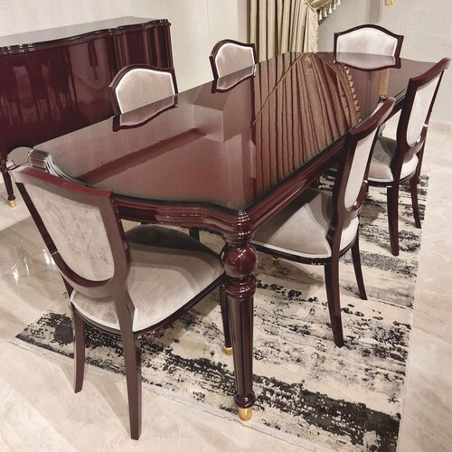 Casa Padrino Luxus Barock Esszimmer Set Grau / Rotbraun / Gold - 1 Barock Esstisch & 6 Barock Esszimmerst�hle