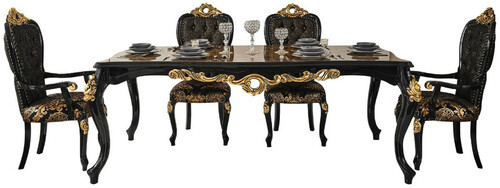 Casa Padrino Luxus Barock Esszimmer Set Braun / Schwarz / Gold - 1 Esstisch mit Tischplatte in Marmoroptik & 6 Esszimmerst�hle - Prunkvolle Esszimmer M�bel im Barockstil