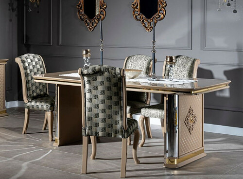 Casa Padrino Luxus Art Deco Esszimmer Set Beige / Gold - 1 Esstisch & 6 Esszimmerst�hle - Handgefertigte Art Deco Esszimmer M�bel