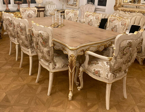 Casa Padrino Luxus Barock Esszimmer Set Silber / Mehrfarbig / Antik Wei� / Gold - 1 Barock Esstisch & 8 Barock Esszimmerst�hle - Barock Esszimmer M�bel - Luxus M�bel im Barockstil