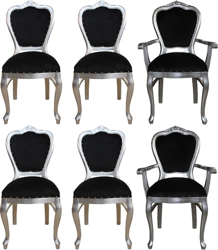 Casa Padrino Luxus Barock Esszimmer Set Schwarz / Silber - 6 handgefertigte Esszimmerst�hle - 2 St�hle mit Armlehnen und 4 St�hle ohne Armlehnen - Barock Esszimmerm�bel