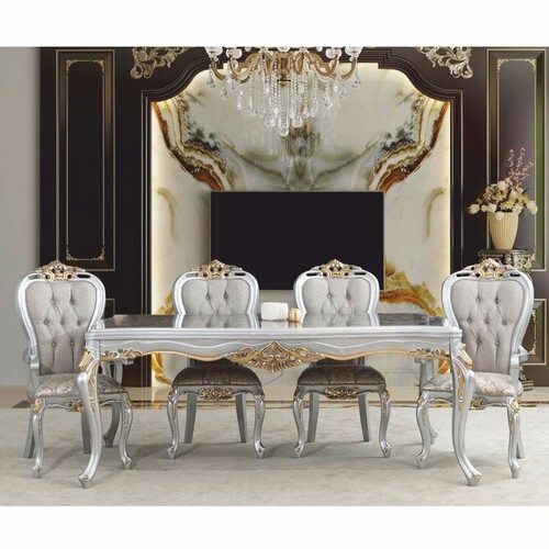 Casa Padrino Luxus Barock Esszimmer Set Grau / Silber / Gold - 1 Esstisch & 8 St�hle