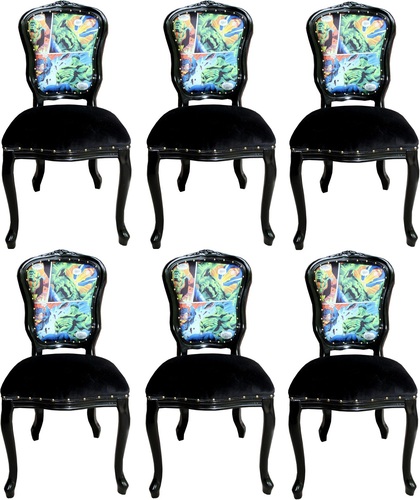 Casa Padrino Luxus Barock Esszimmer Set Comic Mehrfarbig / Schwarz 55 x 54 x H. 103 cm - 6 handgefertigte Esszimmerst�hle - Designer St�hle - Barock Esszimmerm�bel