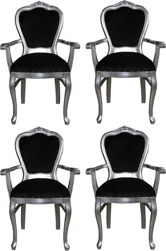 Casa Padrino Luxus Barock Esszimmer Set Schwarz / Silber 60 x 47 x H. 99 cm - 4 handgefertigte Esszimmerst�hle mit Armlehnen - Barock Esszimmerm�bel