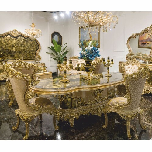 Casa Padrino Luxus Barock Esszimmer Set Grau / Gr�n / Gold - 1 Barock Esstisch & 6 Barock Esszimmer St�hle - Barock Esszimmer M�bel
