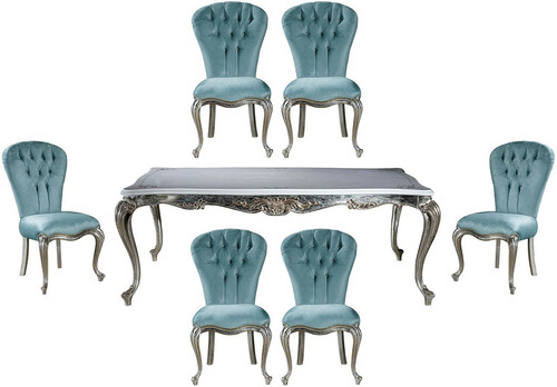 Casa Padrino Luxus Barock Esszimmer Set Hellblau / Silber - 1 Esstisch & 6 Esszimmerst�hle - Barock Esszimmer M�bel - Edel & Prunkvoll