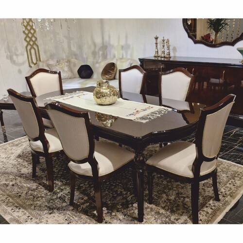 Casa Padrino Luxus Barock Esszimmer Set Creme / Dunkelbraun - 1 Barock Esstisch & 6 Barock Esszimmerst�hle
