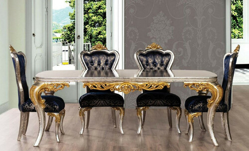 Casa Padrino Luxus Barock Esszimmer Set Royalblau / Silber / Gold - 1 Barock Esstisch & 6 Barock Esszimmerst�hle - Esszimmer M�bel im Barockstil - Edel & Prunkvoll