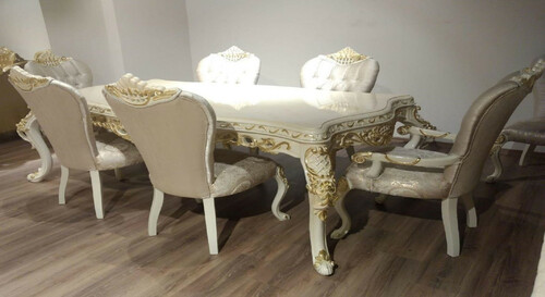 Casa Padrino Luxus Barock Esszimmer Set Grau / Wei� / Gold - 1 Barock Esstisch & 6 Barock Esszimmerst�hle mit elegantem Muster - Esszimmer M�bel im Barockstil - Edel & Prunkvoll