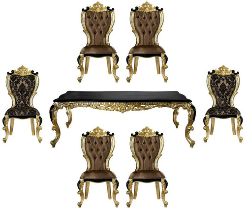 Casa Padrino Luxus Barock Esszimmer Set Braun / Schwarz / Gold - 1 Esstisch & 6 Esszimmerst�hle - Prunkvolle Esszimmer M�bel im Barockstil