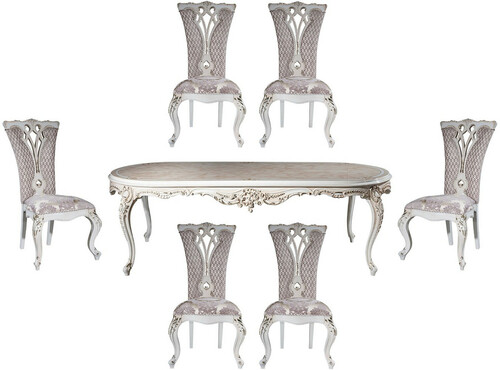 Casa Padrino Luxus Barock Esszimmer Set Lila / Beige / Wei� / Gold - 1 Ovaler Esstisch & 6 Esszimmerst�hle mit elegantem Muster - Barock Esszimmer M�bel - Edel & Prunkvoll