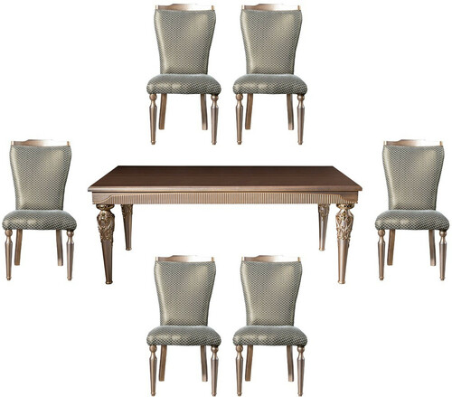 Casa Padrino Luxus Barock Esszimmer Set Gr�n / Silber / Kupfer / Gold - 1 Esstisch & 6 Esszimmerst�hle - Barock Esszimmer M�bel - Edel & Prunkvoll