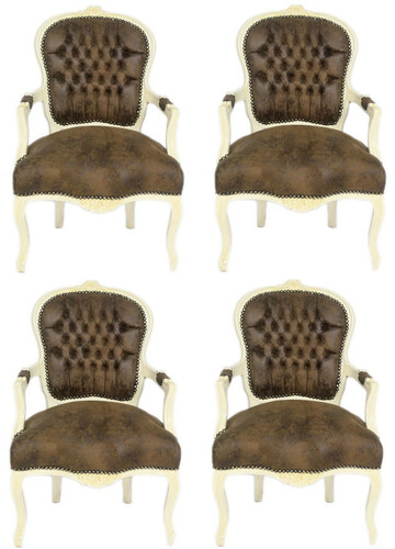 Casa Padrino Barock Salon Stuhl Set Braun / Creme 60 x 50 x H. 93 cm - 4 handgefertigte Salon St�hle mit Lederoptik - Barockm�bel