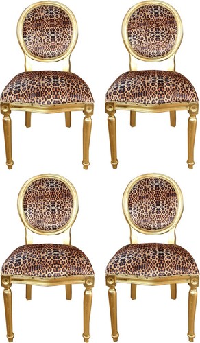 Casa Padrino Luxus Barock Esszimmer Set Medaillon Leopard / Gold 50 x 52 x H. 99 cm - 4 handgefertigte Esszimmerst�hle - Barock Esszimmerm�bel