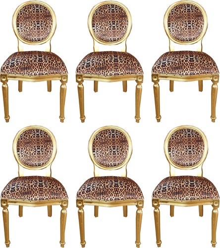 Casa Padrino Luxus Barock Esszimmer Set Medaillon Leopard / Gold 50 x 52 x H. 99 cm - 6 handgefertigte Esszimmerst�hle - Barock Esszimmerm�bel
