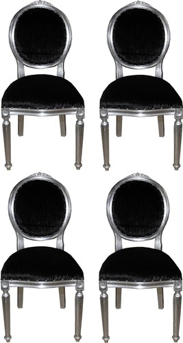 Casa Padrino Luxus Barock Esszimmer Set Medaillon Schwarz / Silber 50 x 52 x H. 99 cm - 4 handgefertigte Esszimmerst�hle - Barock Esszimmerm�bel