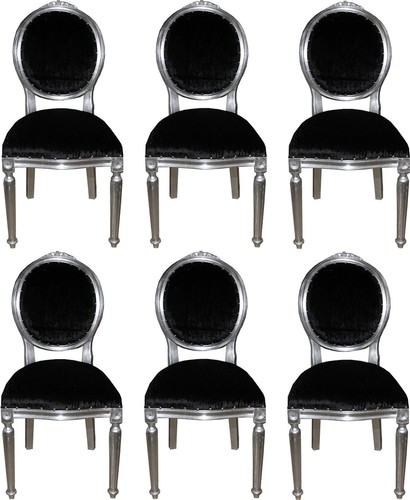 Casa Padrino Luxus Barock Esszimmer Set Medaillon Schwarz / Silber 50 x 52 x H. 99 cm - 6 handgefertigte Esszimmerst�hle - Barock Esszimmerm�bel