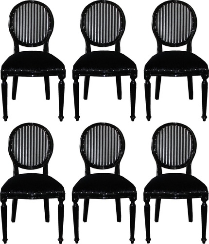 Casa Padrino Luxus Barock Esszimmer Set Medaillon Schwarz / Silber 50 x 52 x H. 99 cm - 6 handgefertigte Esszimmerst�hle - Barock Esszimmerm�bel