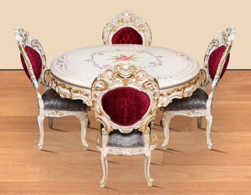 Casa Padrino Barock Esszimmer Set Bordeauxrot / Grau / Wei� / Gold - 1 runder Esstisch & 4 Esszimmerst�hle - Prunkvolle Esszimmer M�bel im Barockstil