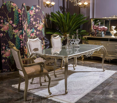 Casa Padrino Luxus Barock Esszimmer Set Rosa / Silber - 1 Esstisch & 6 Esszimmerst�hle - Esszimmer M�bel im Barockstil - Edel & Prunkvoll