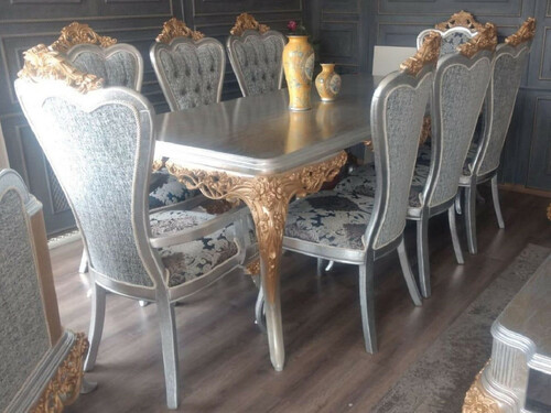 Casa Padrino Luxus Barock Esszimmer Set Blau / Wei� / Silber / Kupfer - 1 Barock Esstisch & 6 Barock Esszimmerst�hle - Esszimmer M�bel im Barockstil - Edel & Prunkvoll