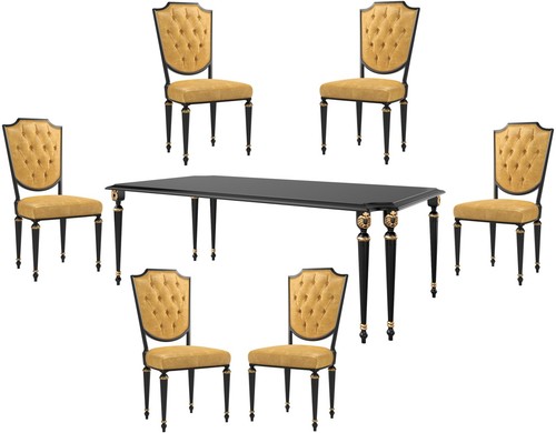 Casa Padrino Luxus Barock Esszimmer Set Gold / Schwarz / Antik Gold - 1 Esszimmertisch & 6 Esszimmerst�hle mit hochwertigem Leder - Barock Esszimmerm�bel - Luxus Qualit�t - Edel & Prunkvoll