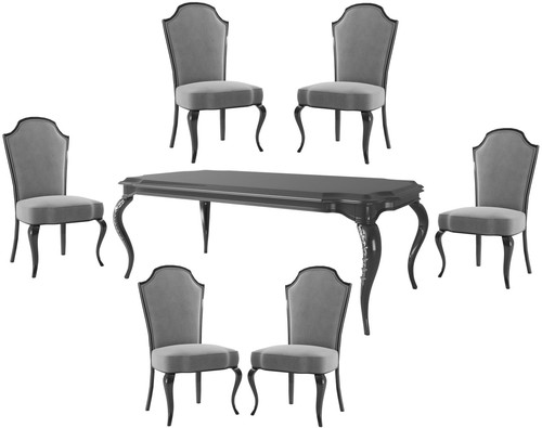 Casa Padrino Luxus Barock Esszimmer Set Grau / Schwarz / Silber - 1 Esszimmertisch & 6 Esszimmerst�hle - Barock Esszimmerm�bel - Luxus Qualit�t - Edel & Prunkvoll