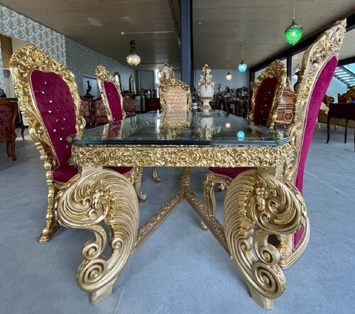 Casa Padrino Barock Esszimmer Set Bordeauxrot / Gold / Schwarz - 1 Barock Esstisch & 6 Barock Esszimmerst�hle - Barock Esszimmer M�bel - Edel & Prunkvoll