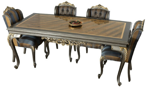 Casa Padrino Luxus Barock Esszimmer Set Blau / Grau / Gold - 1 Esszimmertisch & 6 Esszimmerst�hle - Edle Barock Esszimmer M�bel - Edel & Prunkvoll