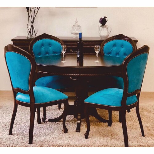 Casa Padrino Luxus Barock Esszimmer Set Dunkelbraun / Blau - 1 ausziehbarer Esstisch & 4 St�hle