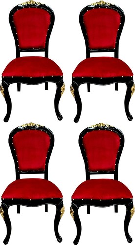 Casa Padrino Luxus Barock Esszimmer Set Bordeauxrot / Schwarz / Gold 50 x 50 x H. 110 cm - 4 handgefertigte Massivholz Esszimmerst�hle mit Samtstoff - Barock Esszimmerm�bel