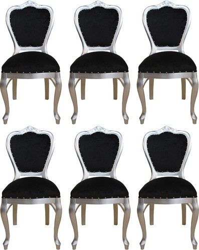 Casa Padrino Luxus Barock Esszimmer Set Schwarz / Silber 45 x 46 x H. 99 cm - 6 handgefertigte Esszimmerst�hle - Barock Esszimmerm�bel