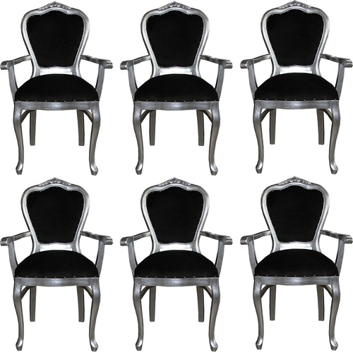 Casa Padrino Luxus Barock Esszimmer Set Schwarz / Silber 60 x 47 x H. 99 cm - 6 handgefertigte Esszimmerst�hle mit Armlehnen - Barock Esszimmerm�bel