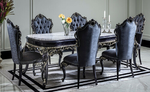 Casa Padrino Luxus Barock Esszimmer Set Wei� / Blau / Gold - 1 Esstisch & 6 Esszimmerst�hle - Barock Esszimmer M�bel - Edel & Prunkvoll