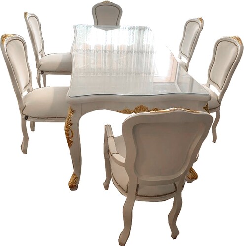 Casa Padrino Luxus Barock Esszimmer Set Wei� / Gold - 1 Esstisch mit Glasplatte & 6 Esszimmerst�hle mit Kunstleder - Made in Italy - Luxury Collection