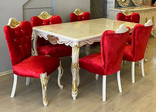 Casa Padrino Luxus Barock Esszimmer Set Rot / Wei� / Gold - 1 Barock Esstisch & 6 Barock Esszimmerst�hle mit Glitzersteinen - Esszimmer M�bel im Barockstil - Barock M�bel - Edel & Prunkvoll
