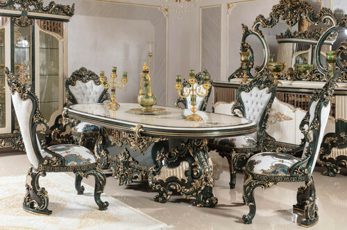Casa Padrino Luxus Barock Esszimmer Set Wei� / Gr�n / Gold - 1 Barock Esstisch & 6 Barock Esszimmerst�hle - Barock Esszimmer M�bel - Luxus M�bel im Barockstil - Edel & Prunkvoll - Luxus Qualit�t