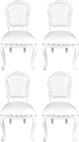 Casa Padrino Luxus Barock Esszimmer Set Wei� / Wei� 55 x 54 x H. 103 cm - 4 handgefertigte Esszimmerst�hle mit Kunstleder - Barock Esszimmerm�bel