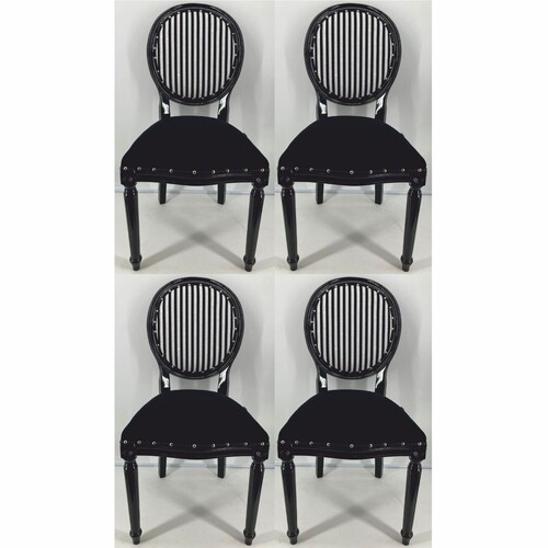 Casa Padrino Luxus Barock Esszimmer Stuhl 4er Set Schwarz / Wei� / Silber - Barock M�bel