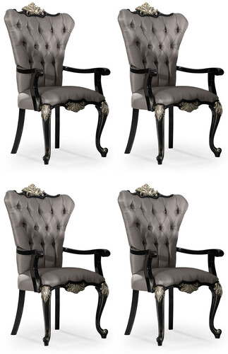 Casa Padrino Luxus Barock Esszimmer Stuhl 4er Set mit Armlehnen Silber / Schwarz / Silber - Prunkvolle Barockstil K�chen St�hle - Luxus Barock Esszimmer M�bel - Edel & Prunkvoll