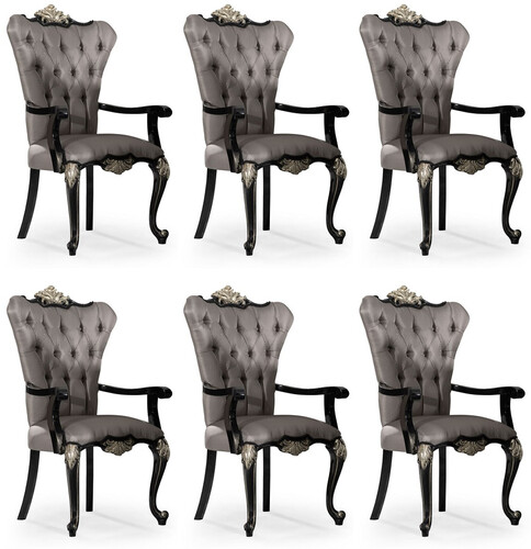 Casa Padrino Luxus Barock Esszimmer Stuhl 6er Set mit Armlehnen Silber / Schwarz / Silber - Prunkvolle Barockstil K�chen St�hle - Luxus Barock Esszimmer M�bel - Edel & Prunkvoll