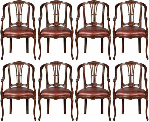 Casa Padrino Luxus Barock Leder Esszimmer Stuhl 8er Set mit Armlehnen Braun - Prunkvolle Barockstil Echtleder K�chen St�hle - Luxus Barock Esszimmer M�bel - Edel & Prunkvoll