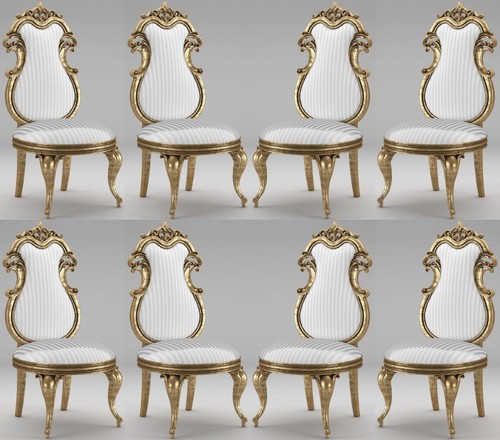 Casa Padrino Luxus Barock Esszimmer Stuhl Set Wei� / Silber / Antik Gold 55 x 55 x H. 120 cm - Prunkvolle gestreifte K�chen St�hle - Barock St�hle 8er Set - Esszimmer M�bel