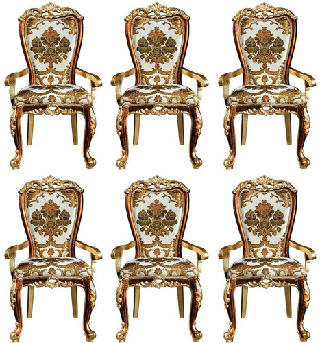 Casa Padrino Luxus Barock Esszimmer Stuhl Set mit Armlehnen und elegantem Muster 57 x 54 x H. 115 cm - Edles K�chen St�hle 6er Set im Barockstil - Barock Esszimmer M�bel