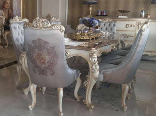 Casa Padrino Luxus Barock Esszimmerstuhl Set Silber / Creme / Gold - 6 K�chen St�hle im Barockstil - Barock Esszimmer M�bel