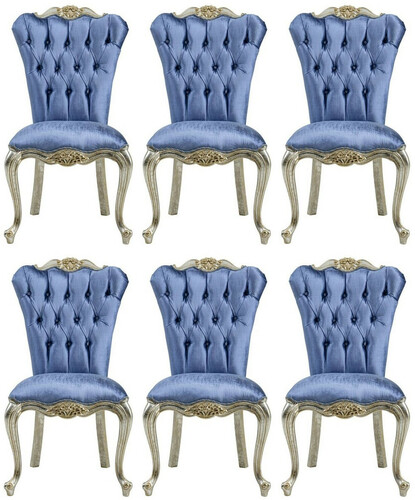 Casa Padrino Luxus Barock Esszimmerstuhl Set Blau / Silber / Gold - Handgefertigtes K�chen St�hle 6er Set - Barock Esszimmer M�bel - Edel & Prunkvoll
