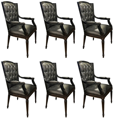 Casa Padrino Luxus Barock Esszimmerstuhl Set Schwarz - 6 Echtleder K�chen St�hle mit Armlehnen - Barock Esszimmer M�bel - Edel & Prunkvoll