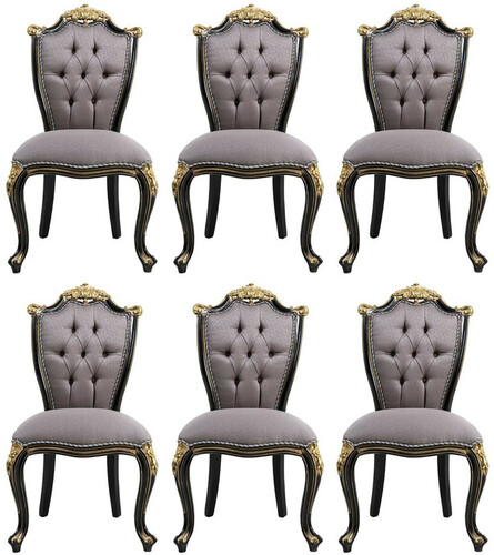 Casa Padrino Luxus Barock Esszimmerstuhl Set Silber / Schwarz / Gold - Handgefertigtes K�chen St�hle 6er Set - Barock Esszimmer M�bel - Edel & Prunkvoll