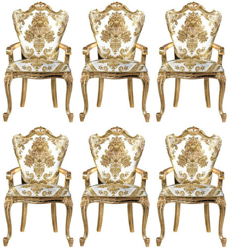 Casa Padrino Luxus Barock Esszimmerstuhl Set Wei� / Gold - 6 handgefertigte K�chen St�hle mit Armlehnen und elegantem Muster - Barock Esszimmer M�bel - Edel & Prunkvoll